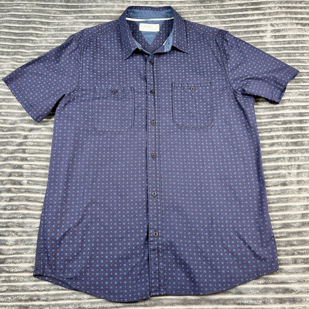 Free Planet Mens XL Navy Geometric Print Short Sleeve Cotton Button Down Shirt